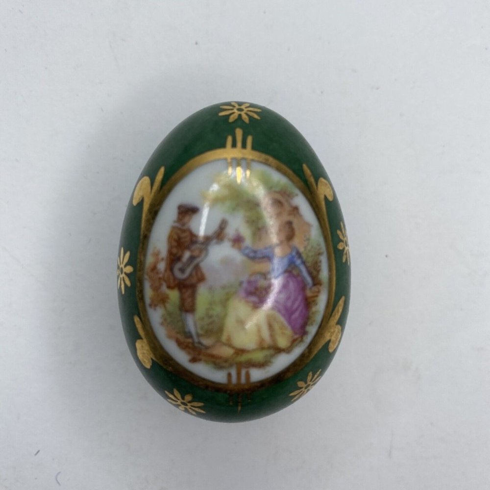 Vintage Limoges Egg Shaped Porcelain Trinket Box Green Gold Victorian Women Man